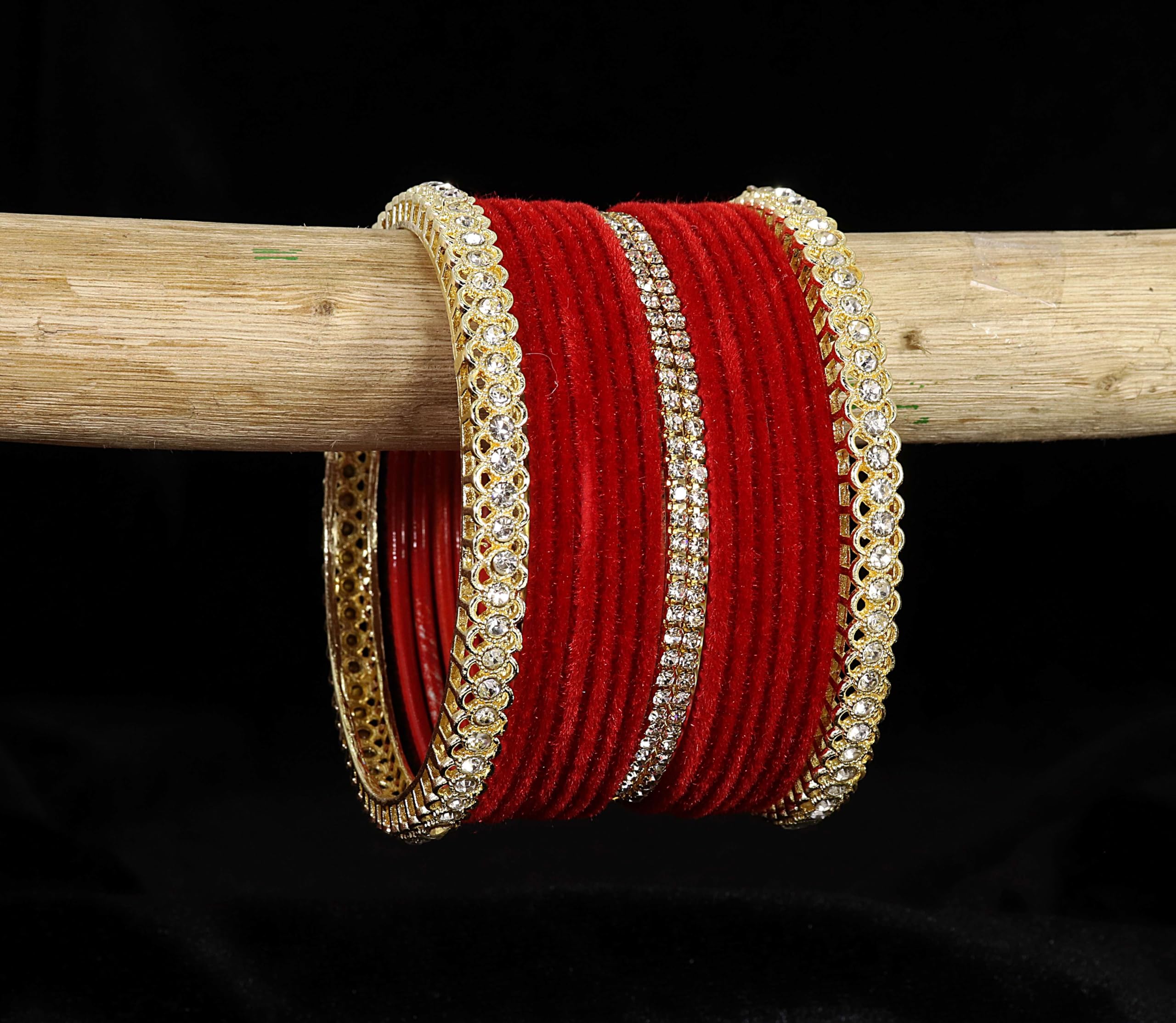 LAVAZZA Gold Plated Metal Velvet Bangles Short Chuda Set For Women & Girls with Zircon Gemstone | Red Bangles for Women | Women's Bangles Red | Golden Chuda | Set of 32 -(LV_FMS6-Red-2.4)