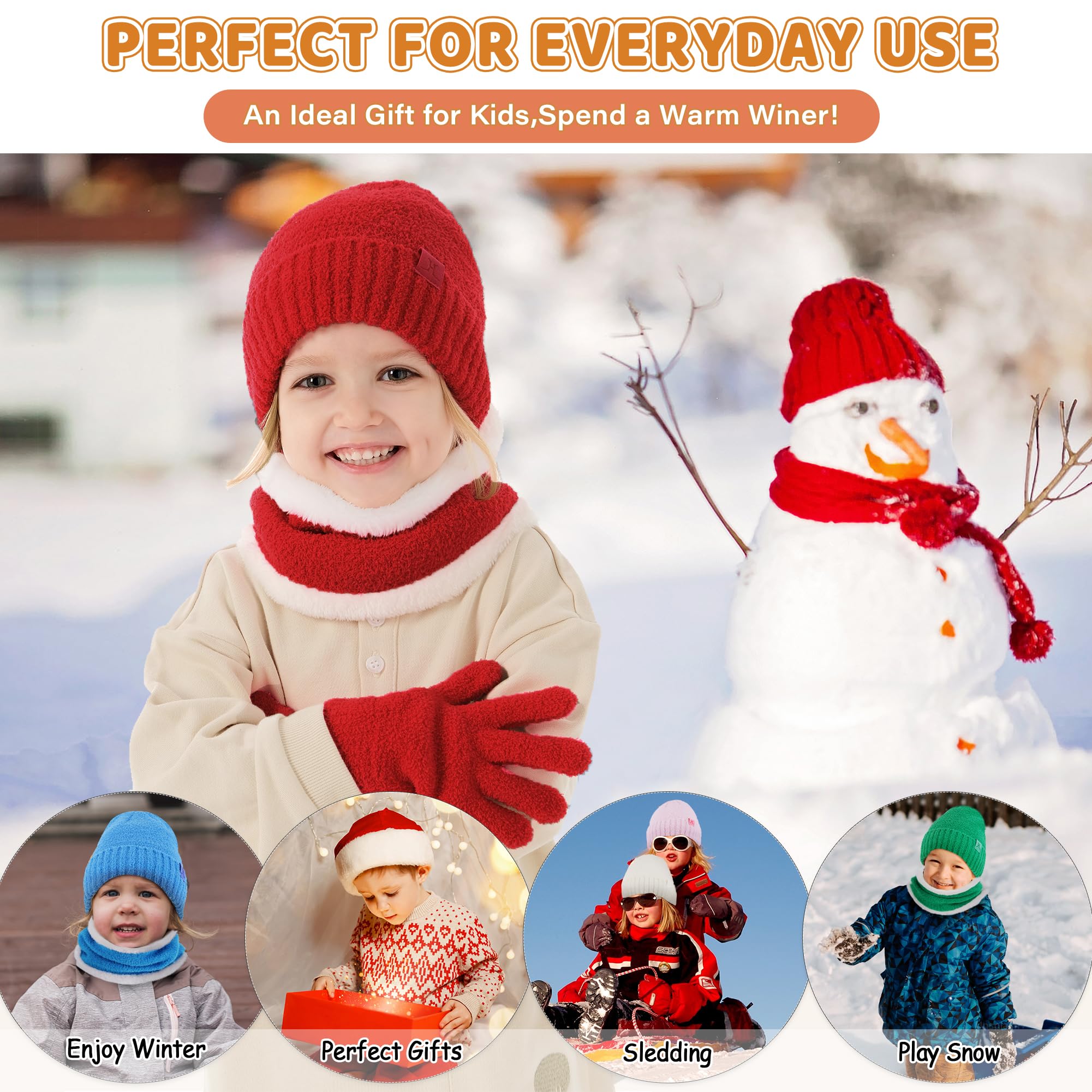 Enfant Garçon Fille Hiver Chapeau Bonnet Echarpe Gants Ensemble 4 5 6 7 8 Ans Polaire Bonnets Pom Casquette Cache Cou Gant Cadeaux pour Filles Garçons