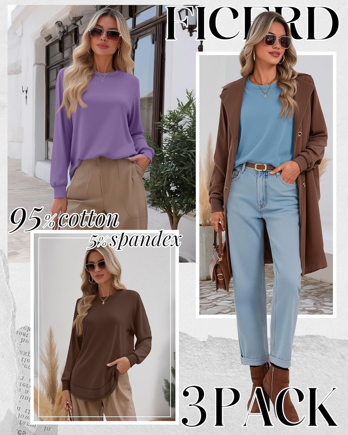 Ficerd 3 Pack Women's Long Sleeve Shirts, Cotton Crew Neck Tunic Tops Casual Loose Fit Pullover Sweatshirts Curved Hem Shirts - Image 2