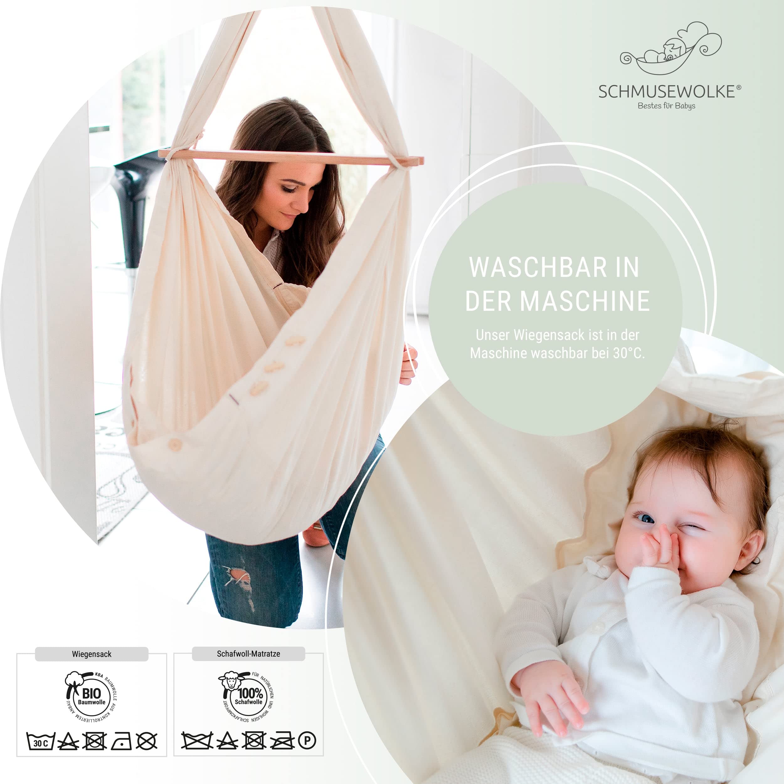 SCHMUSEWOLKE Federwiege Bio Grey - mit Tipi anthrazit - Hängematte für Babys und Kleinkinder ab Geburt bis 3 Jahre - Bio-Baumwolle - Mit Schafwollmatratze