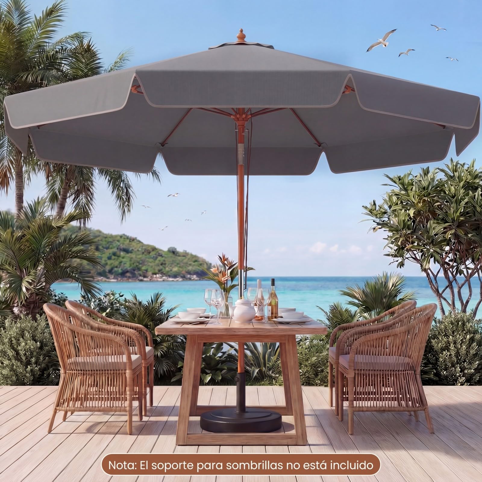 COSTWAY Sombrilla Terraza Exterior 300 cm, Parasol Jardin con Inclinación 30° en Ambos Lados, Mango de Madera, Parte Superior Ventilada, 8 Varillas, Sombrilla de Patio Jardín Playa Piscina