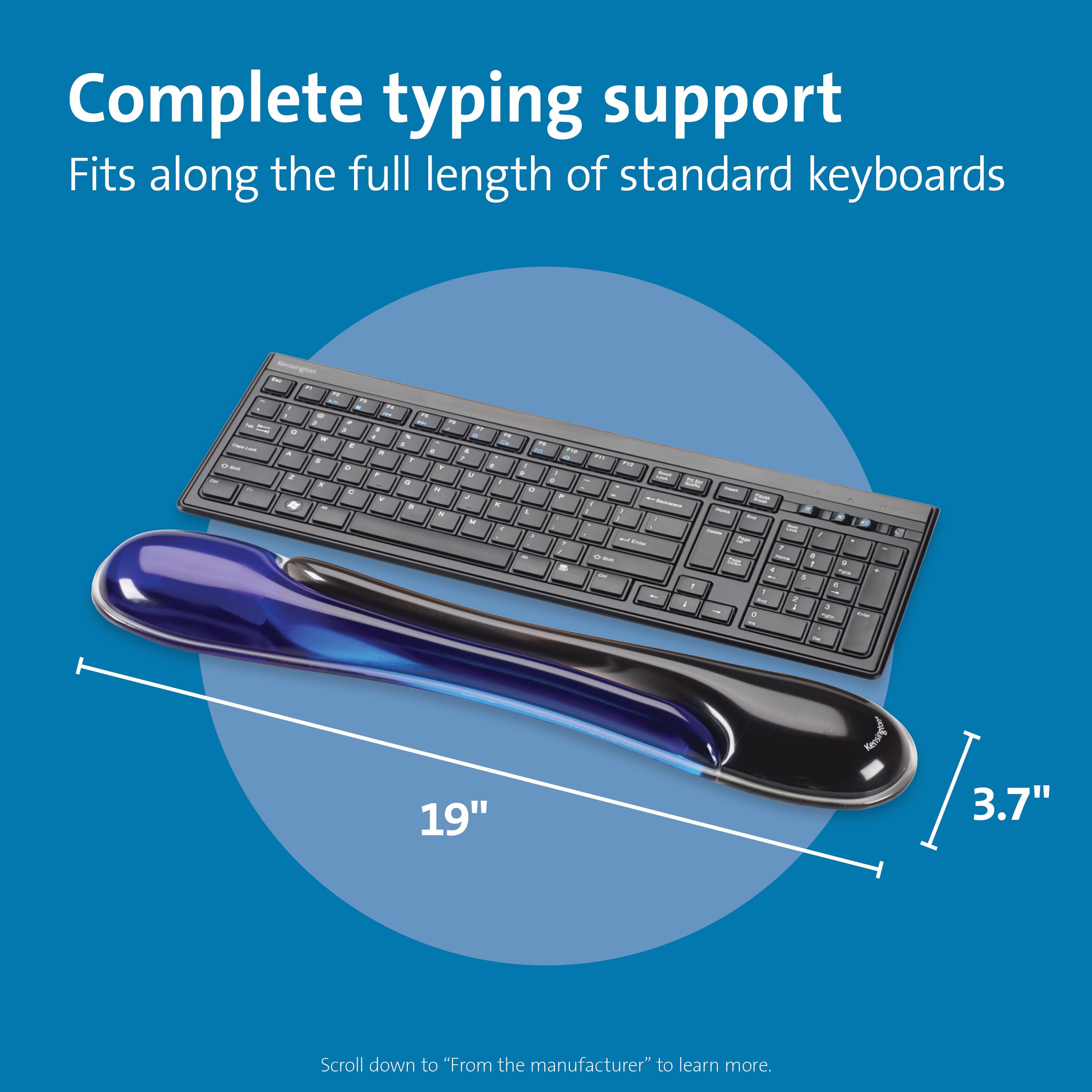 Kensington 62397 - Reposamuñecas Gel Duo Para Teclado Estándar, Canal De Ventilación Para Mantener Las Manos Secas, Acabado Suave Fácil De Limpiar, Cumple Norma MIL-STD-810H, Color Azul/Negro