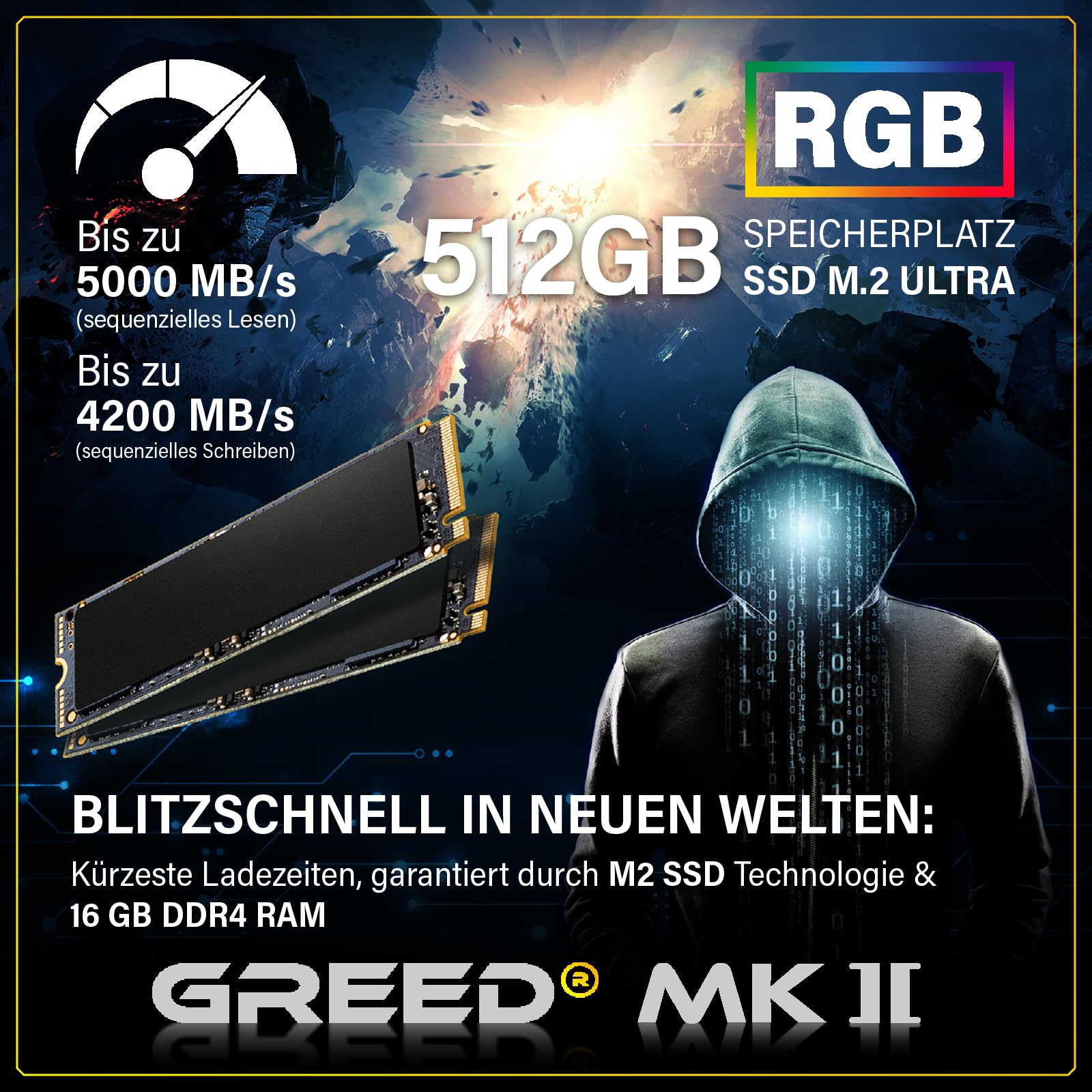 Greed® MK2 Basic - Entry Gaming PC mit Intel Core i5 10400F + Nvidia Geforce RTX 3050 - Ultra Schneller RGB Computer + 4K Raytracing Rechner mit 4,30 GHZ - 16 GB DDR4 RAM - 512 GB SSD - WLAN + W11 Pro
