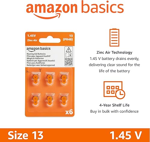 Vista 2 de Yaxa Basics Paquete de 60 baterías de zinc-aire para audífonos tamaño 13, 1.45 voltios, pestaña naranja, vida útil de 4 años, paquete seguro