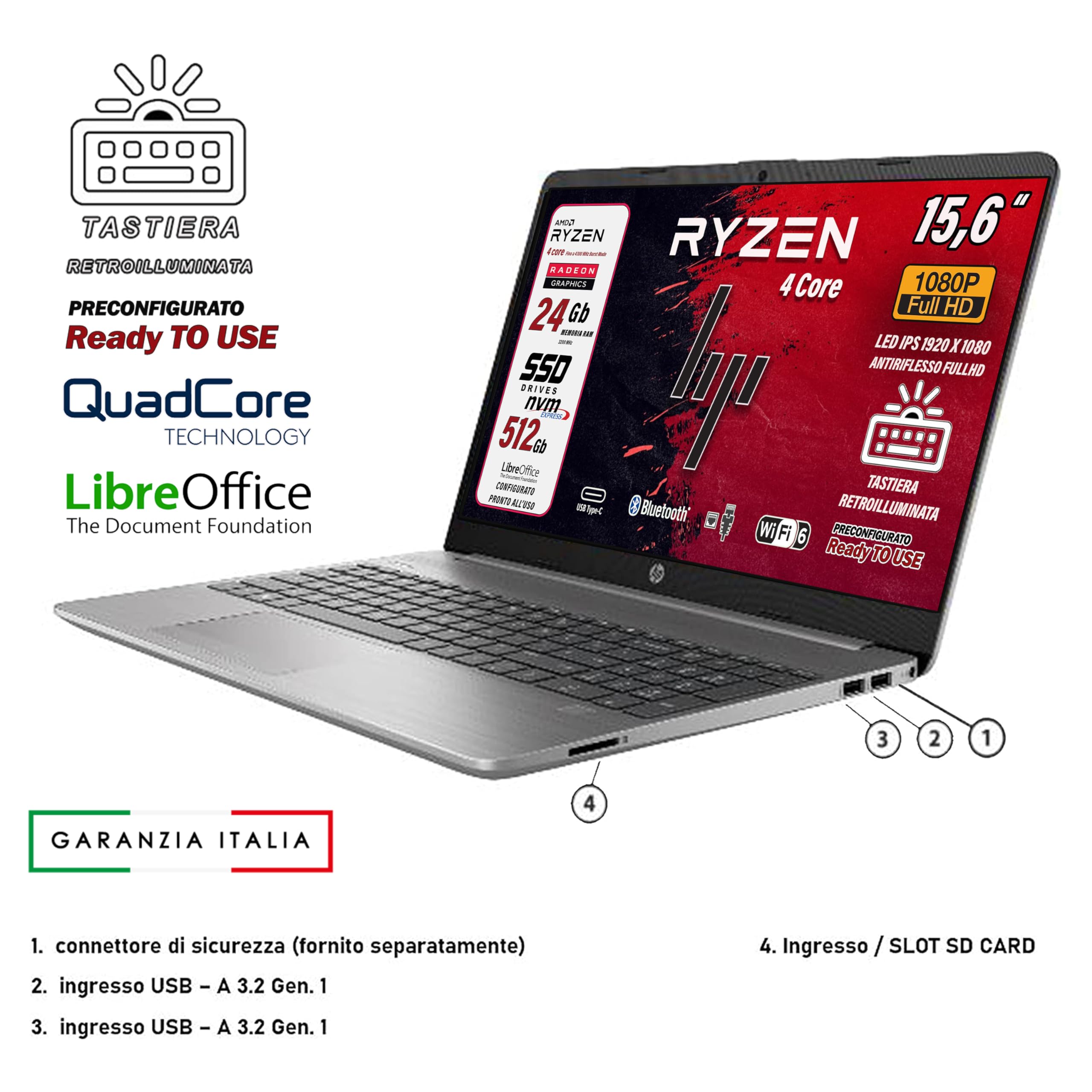 HP 255 G9 notebook portatile, 24 gb ddr4, SSD da 512 Gb display FHD 15.6", cpu Ryzen 3 5425 4 Core, Tastiera retroilluminata, Wi-fi 6, 3 usb, Win 11 Pro, libre office, pronto all'uso, garanzia italia