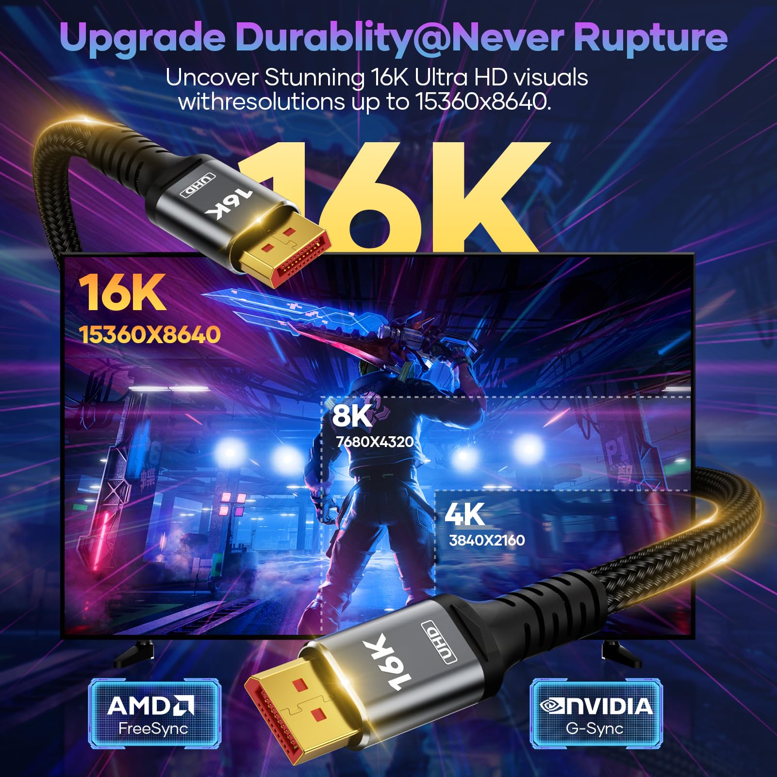 Kabel DisplayPort 16K 2.1, certyfikat VESA, kabel DP na DP 5 m, 16K przy 60 Hz, 8K przy 120 Hz, 4K przy 240 Hz 165 Hz 144 Hz obsługa 80 Gb/s HDR, HDCP DSC 1.2a, kompatybilny monitor do gier FreeSync