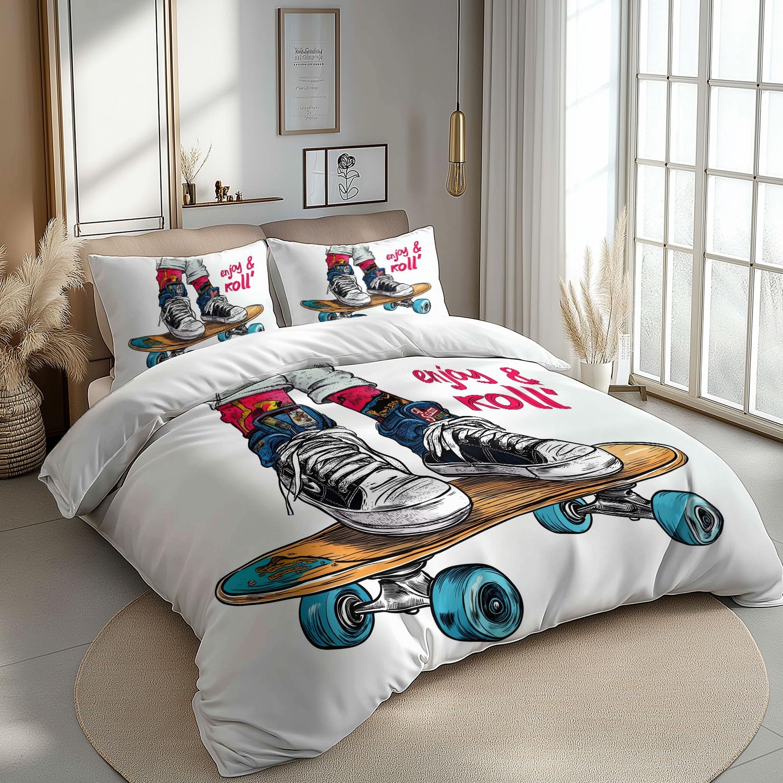Double Size Printed Duvet Cover Set Premium Brushed Microfiber Bedding Set With Zipper Closure Ultrasoft Hypoallergenic Reversible Duvet Covers Non Iron Graffiti Style Hip-Hop Skateboarding
