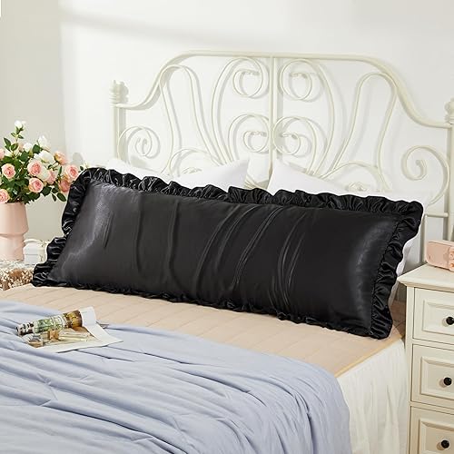 Vista 140 de Fundas de almohada de satén negro con volantes para cabello y piel, juego estándar de 2 fundas de almohada de seda negra con cierre de sobre