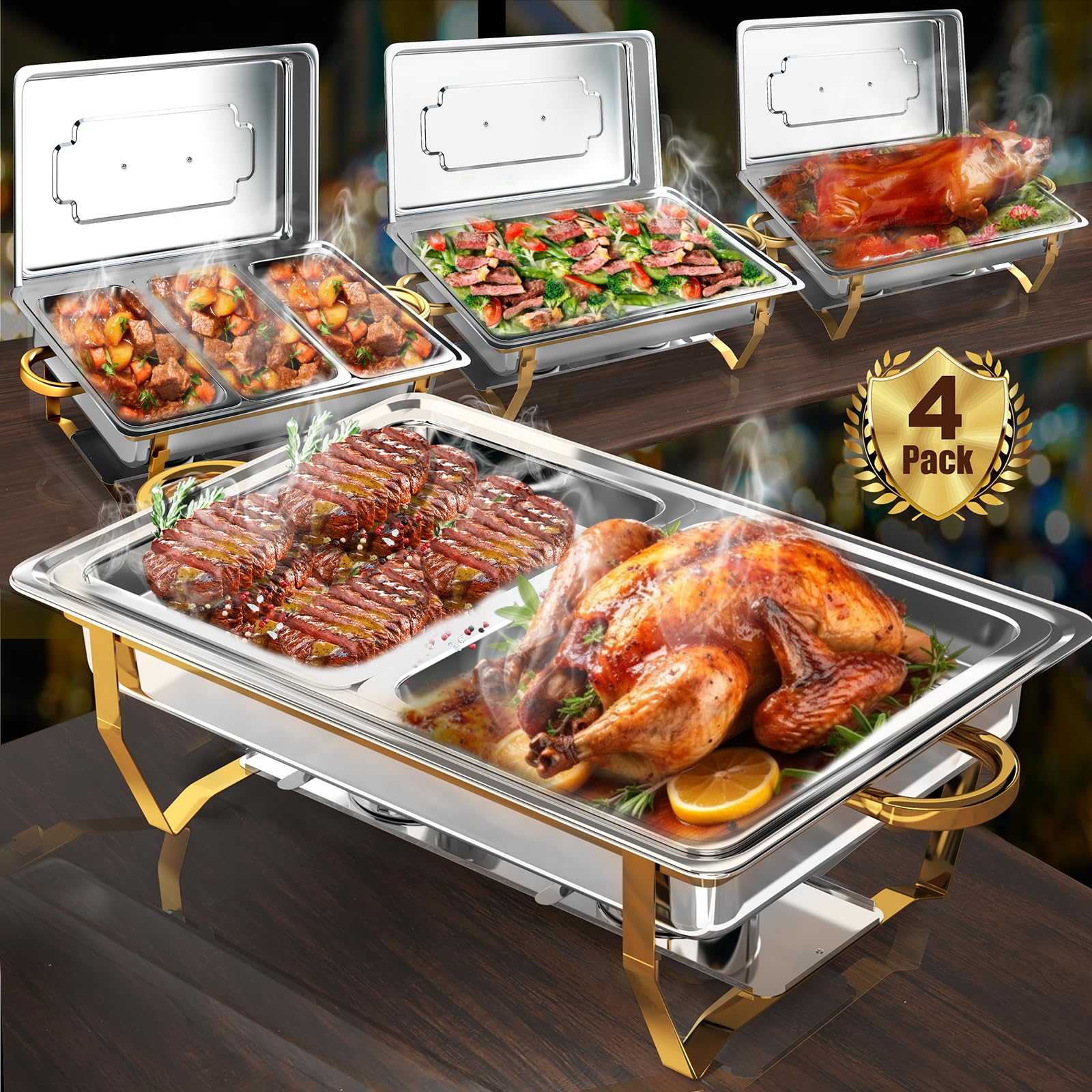 Chafing Dishes for Buffet 4 Pack, 8QT Stainless Steel Chafing Dishes Buffett Set, [Elegant Gold and Silver] No-Scratch Rolled Edge, Chafers and Buffet Warmers Sets for Party (Full Panx2+1/2Pan+1/3Pan)