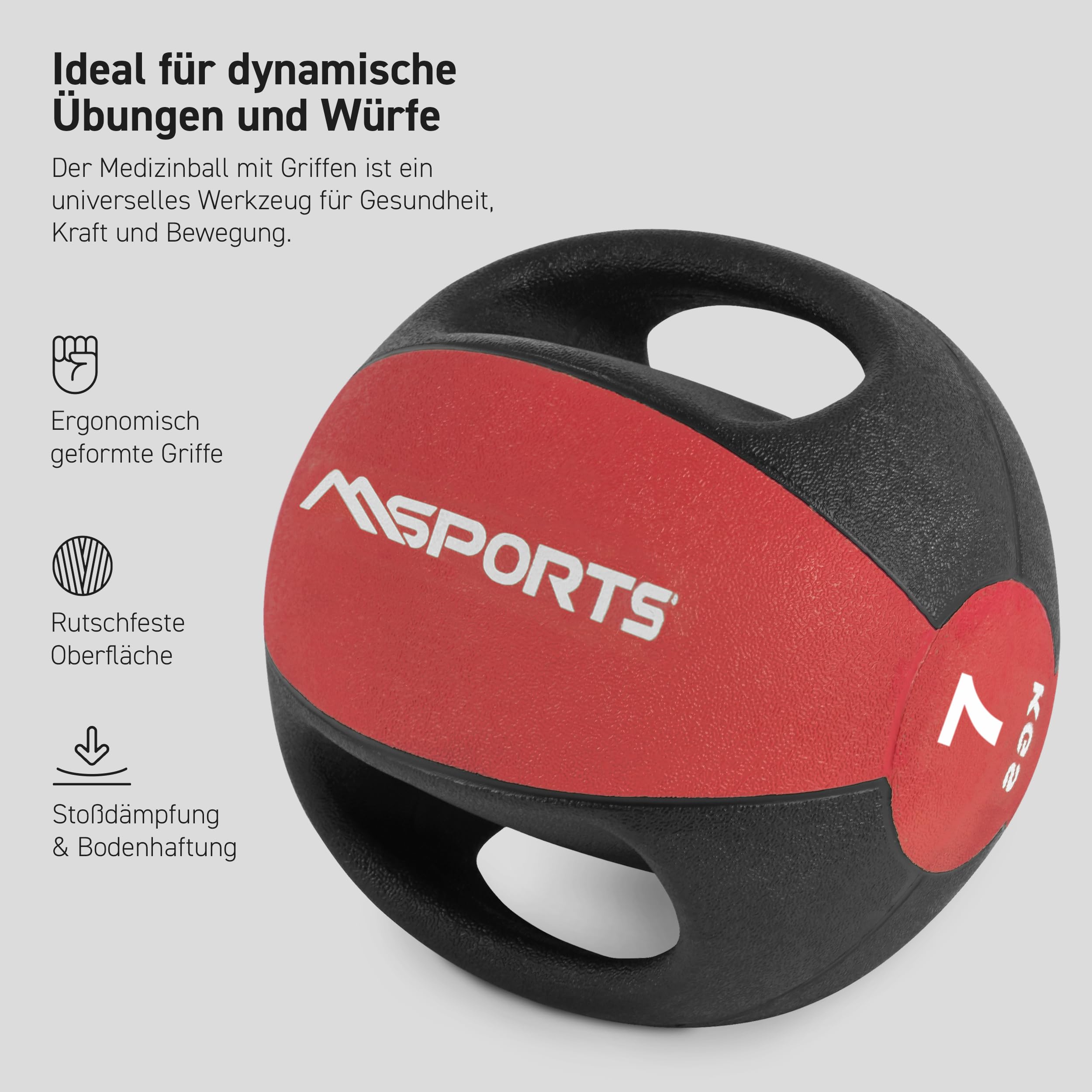 MSPORTS Piłka lekarska premium z uchwytami, 1 – 10 kg, profesjonalna jakość do studia gimnastycznego (7 kg – czerwona)