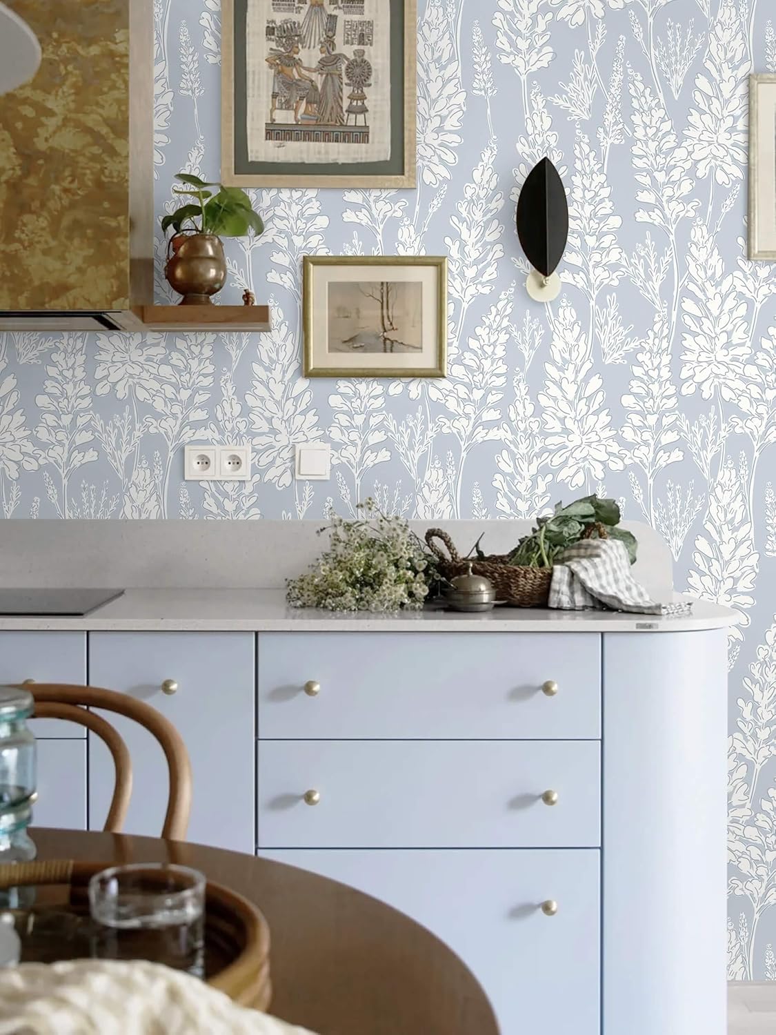 Ismoon Floral Peel and Stick Wallpaper Boho Blue Contact Paper 17.3'' x 393'' Neutral Wallpaper Renter Friendly Removable Self-Adhesive Wall Paper for Bedroom Kitchen Wall Decor Vinyl