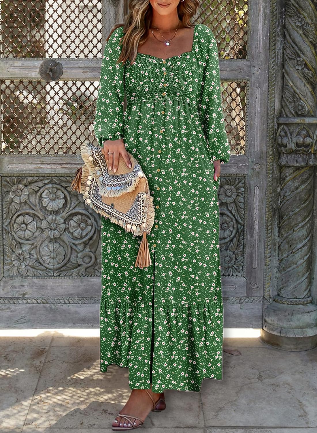 Dokotoo Fall Dresses for Women 2025 Boho Floral Smocked Empire Waist Square Neck Long Sleeve Button Beach Maxi Dress Sundress