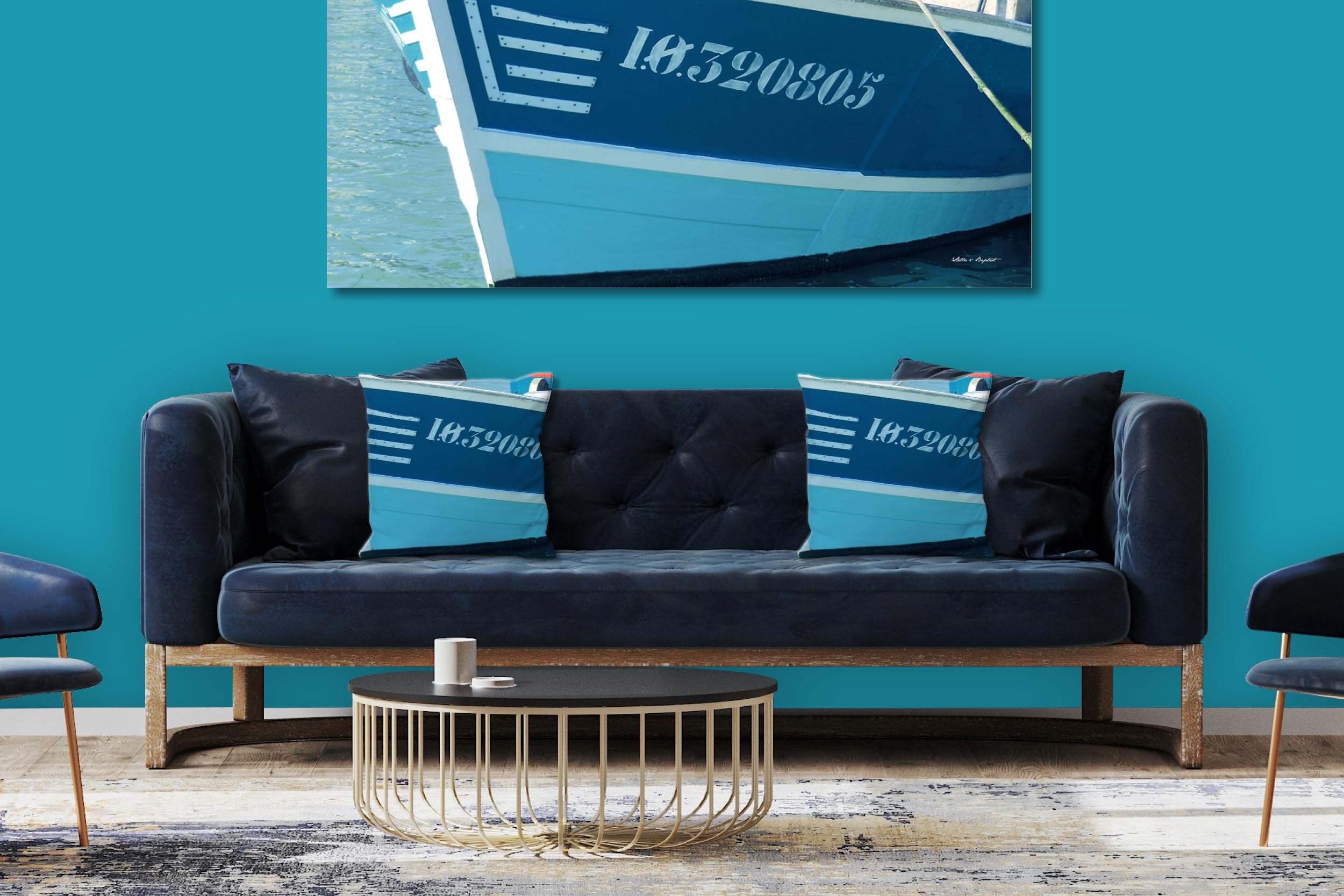 Schiff AHOI 8 - Foto-Kissen-Hülle Set (2 STK.) 40 x 40 cm | Kissen-Bezüge - passend zu Wandbild - Deko-Kissen - Holz-Boot Hafen Schiff Atlantik maritim