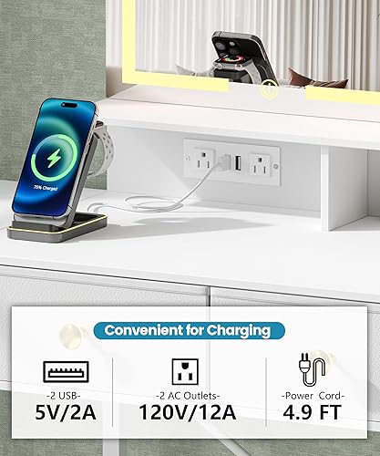 Miniatura 9 de Escritorio de tocador de maquillaje con silla, pequeño escritorio de tocador con espejo y luces, mesa de tocador con estación de carga y panel