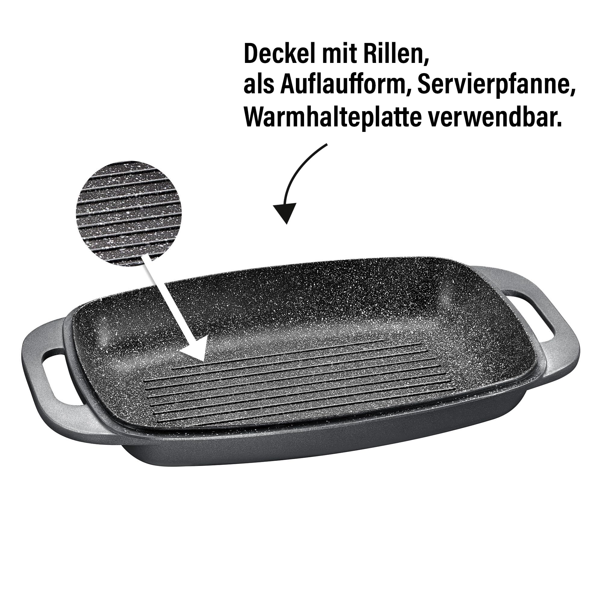 STONELINE Aluguss Bräter mit Deckel 43x26 cm, 8,4 L Bräter Induktion Backofengeeignet Für alle Herdarten, Deckel als Auflaufform verwendbar, Topf Antihaft Beschichtet mit echten Steinpartikeln, Grau