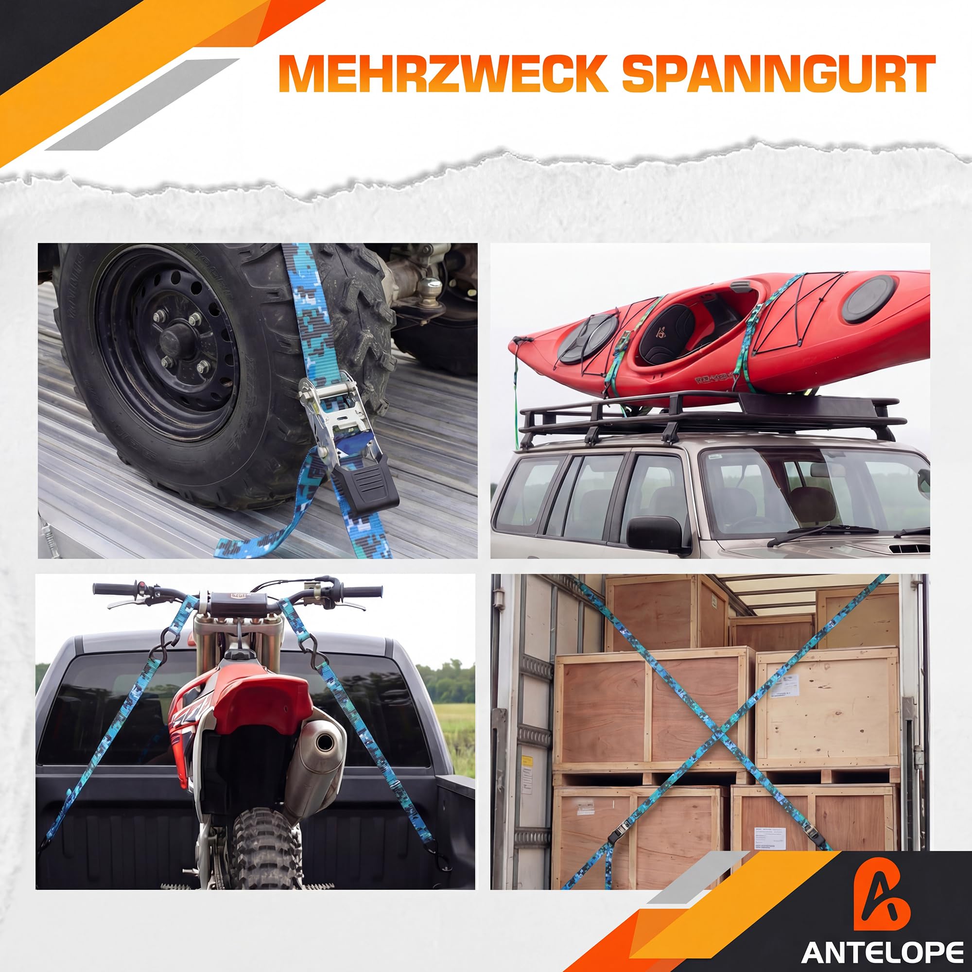 A ANTELOPE 4 Set Spanngurte mit Ratsche und Haken, Ratschengurt, EN 12195-2 | 25mm x 4m, TÜV/GS, Zurrgurte mit Ratschen Satz 900kg Bruchfestigkeit, Motorrad Spanngurte für Umzüge und Fracht, Tarnblau