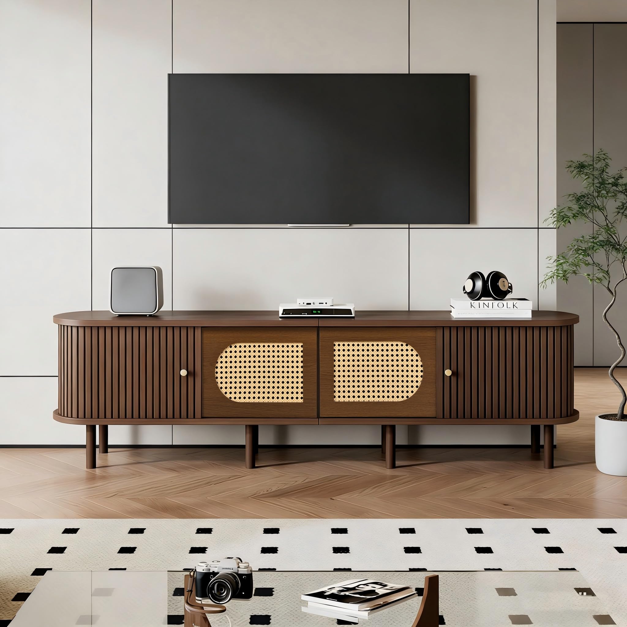 Merax 180cm Oval TV Stand Unit, Dark Walnut Rattan TV Cabinet for up to 80 Inch TV, Lowboard Media Console with Sliding Doors, 2 Cabinet Doors & 8-Leg Stable MDF Storage TV Stand for Living Room
