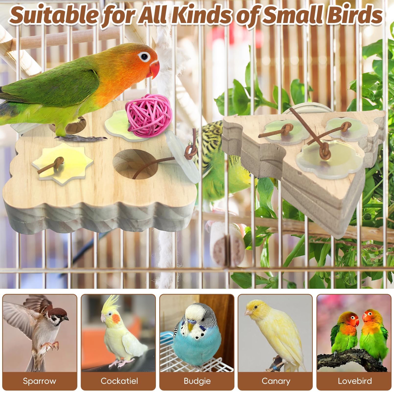 PINVNBY 2 PCS Small Bird Foraging Toys Wooden Parakeet Interactive Puzzle Toys Enrichment Chewing Training Toys for Cage Birds Cockatiel Lovebird Parakeet Budgie Small-Medium Birds - image 6