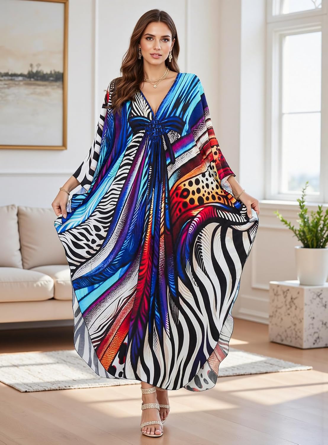 Women's Caftan Dresses Plus Size Mumu with V-Neck Batwing Sleeves Lightweight Beach Cover Up and Loungewear - Image 2