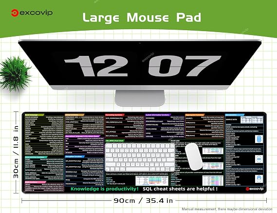excovip SQL Cheat Sheet Mouse Pad for Database Administrators, Analysts, and Programmers, Shortcut Key Mousepad, Large Anti-Slip Keyboard Pad Mouse Mat 90x30 cm 0322