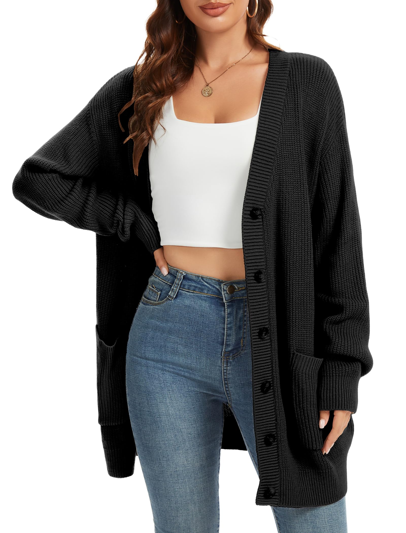 Womens Oversized Cardigan Sweater Soft Knit Open Front Sweater Button-Down Long Sleeve Chunky Coats with Pockets