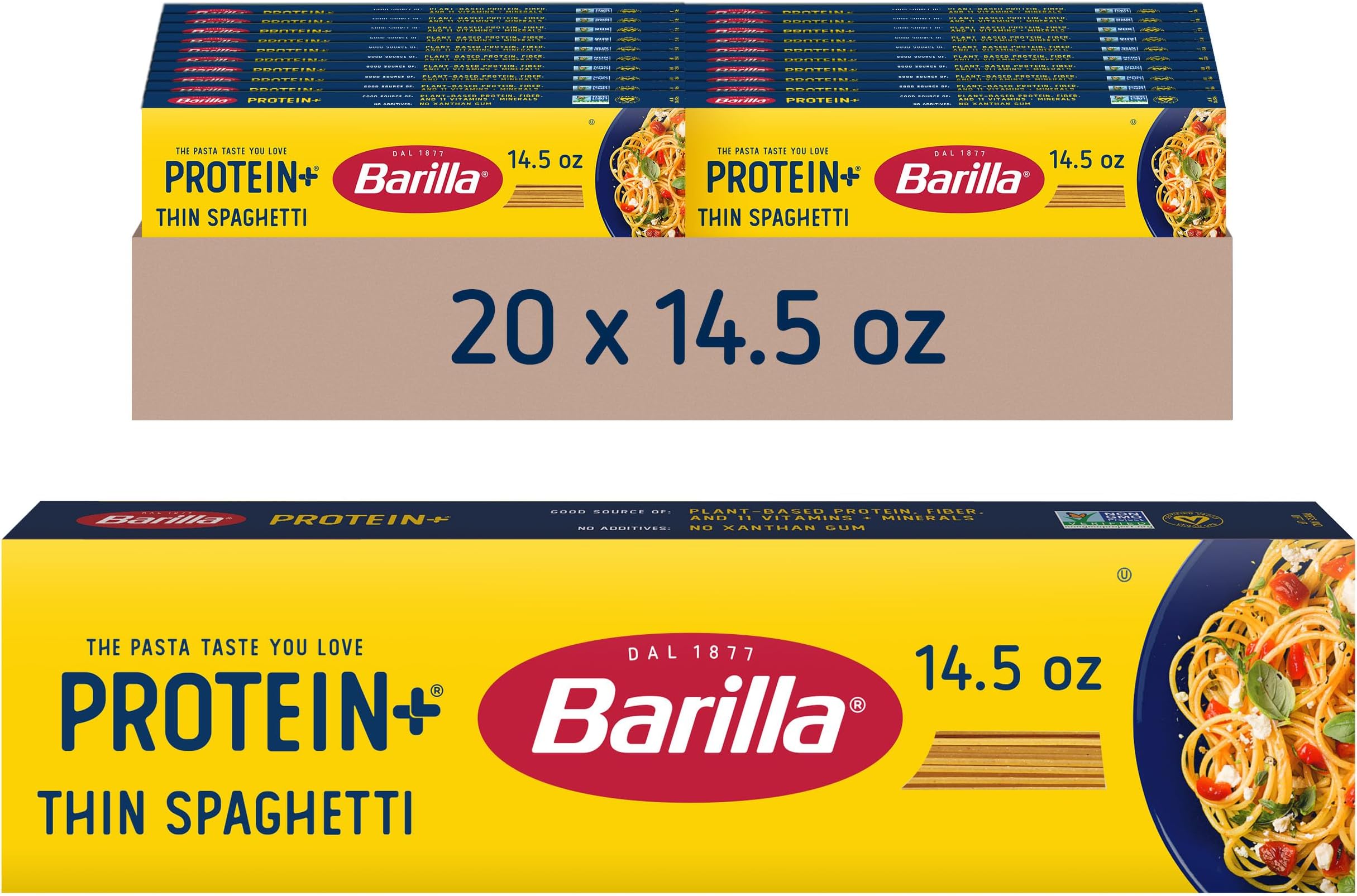 Barilla Protein+ (Plus) Thin Spaghetti Pasta, 14.5 Ounce (Pack of 20) - plant based - Made from Lentils, Chickpeas & Peas - Non-GMO, Kosher Certified