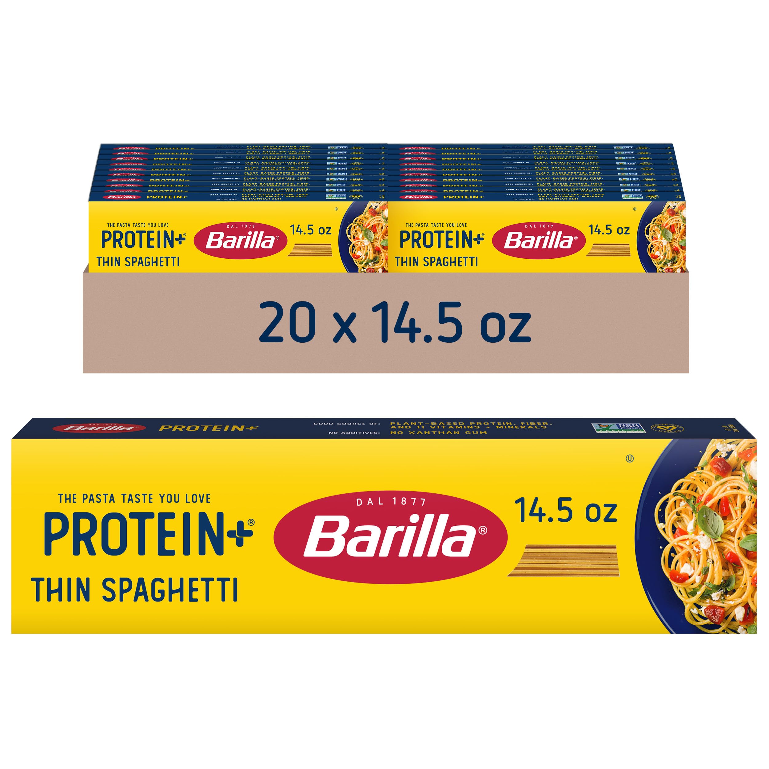 BARILLA Protein+ (Plus) Thin Spaghetti Pasta, 14.5 Ounce (Pack of 20) - plant based pasta - Made from Lentils, Chickpeas & Peas - Non-GMO, Kosher Certified and Vegan