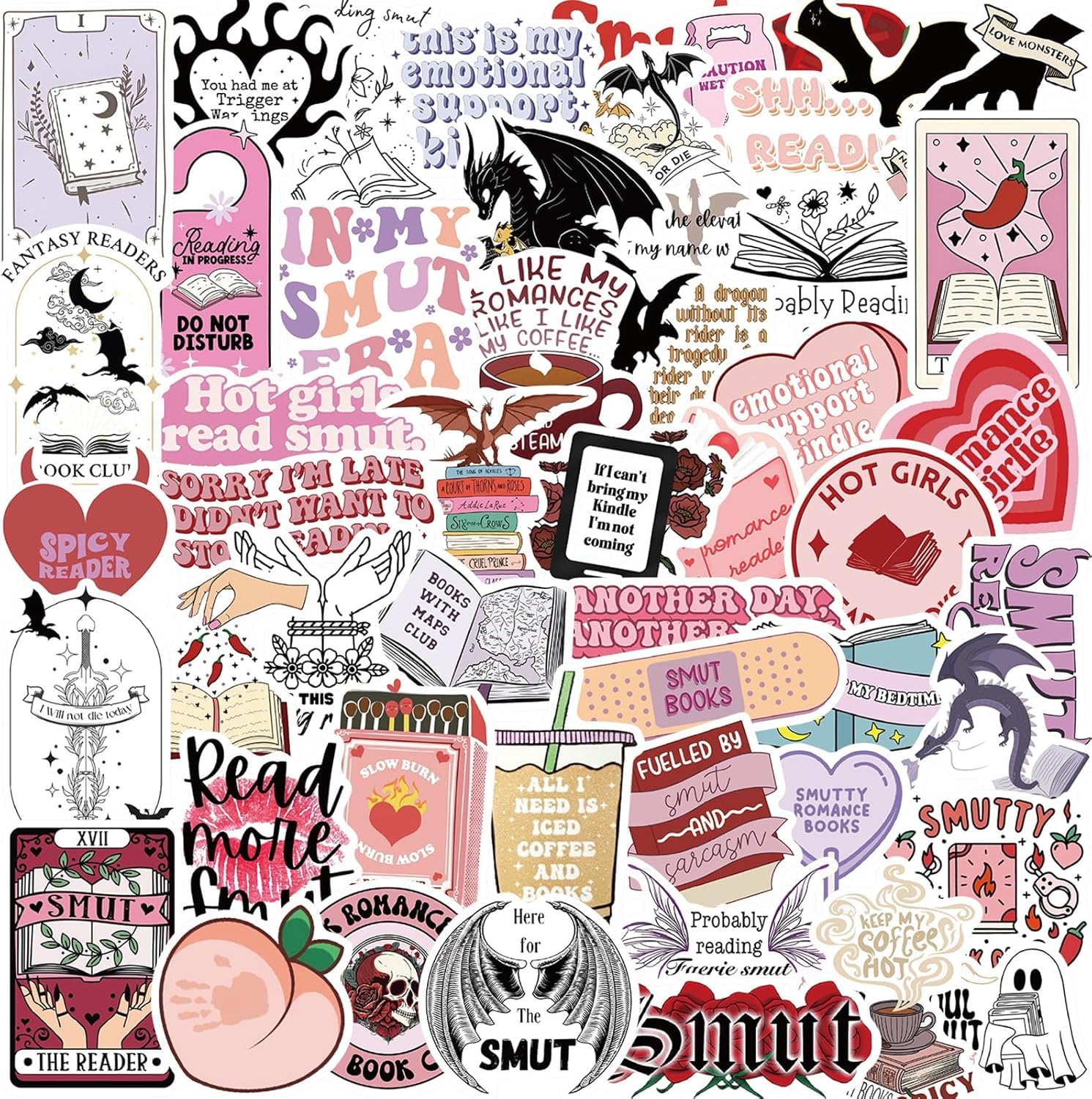 Dagmar Bookish Smutty Stickers 52 Stück,Ästhetik Bücher Lesen wasserfeste Vinyl Aufkleber für Laptop Telefon Skateboard Funny Smutty Kindle Sticker