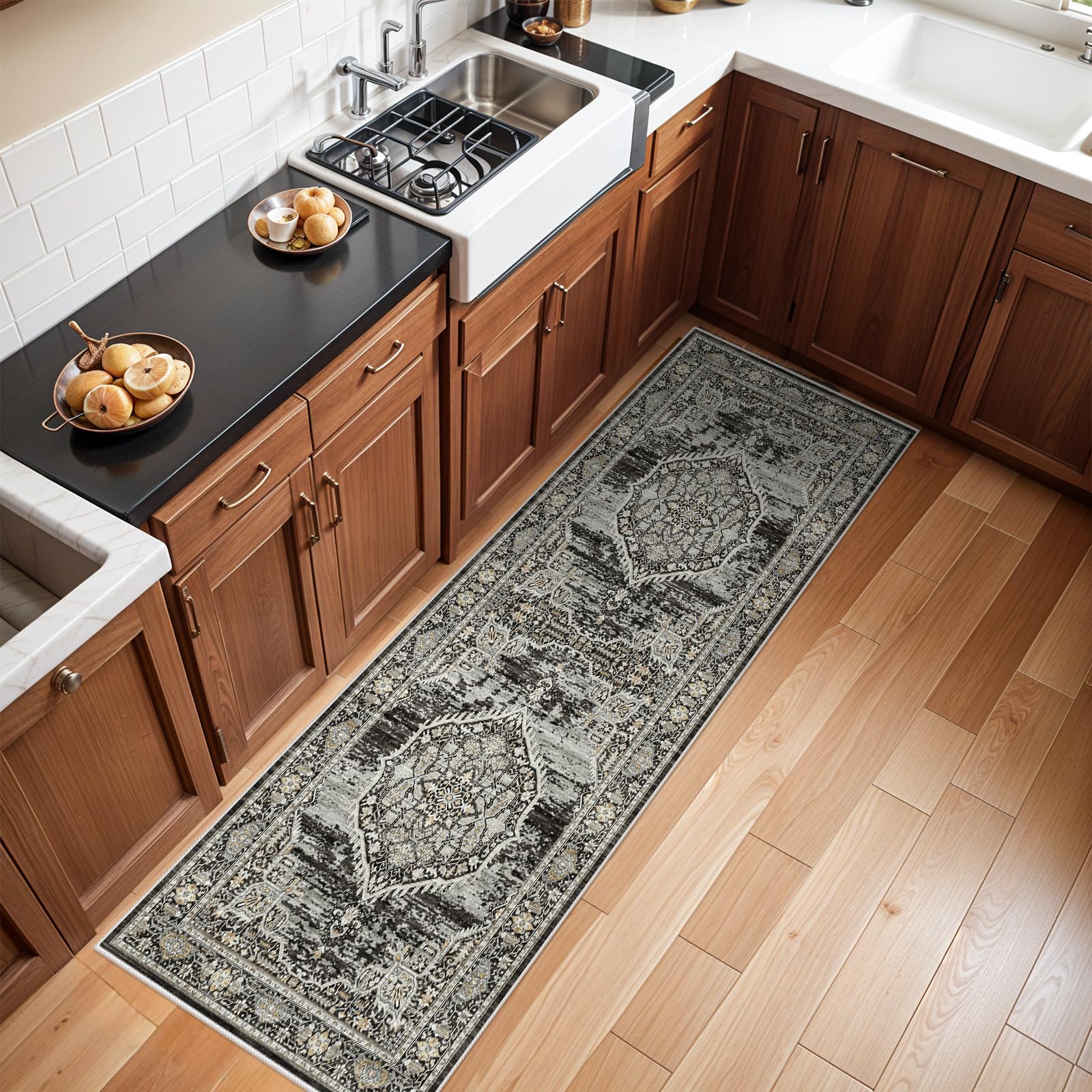 3x8 Washable Hallway Runner Rug: Oriental Indoor Table Runners for Kitchen Bedroom Bathroom Vintage Entryway Non-slip Carpet 8ft Thin Stain Resistant Soft Floor Mat for Laundry Dining Room (Black,3x8)