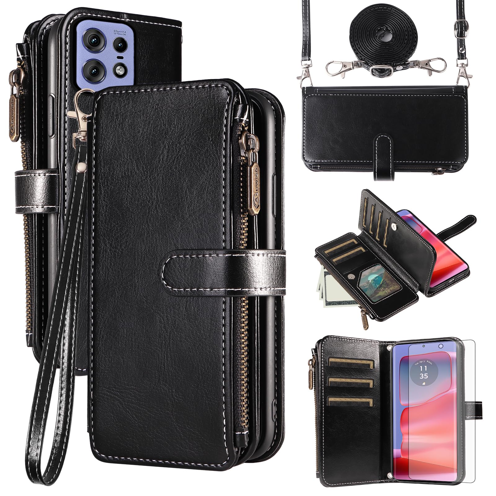 Asuwish Handyhülle für Motorola Edge 50 Pro Hülle mit Band Folie Schutzfolie Kartenfach Klappbar Leder Geldbörse Ständer Moto Edge50 50Pro 5G Handy Hüllen Schutzhülle Handyhüllen Phone Case Schwarz