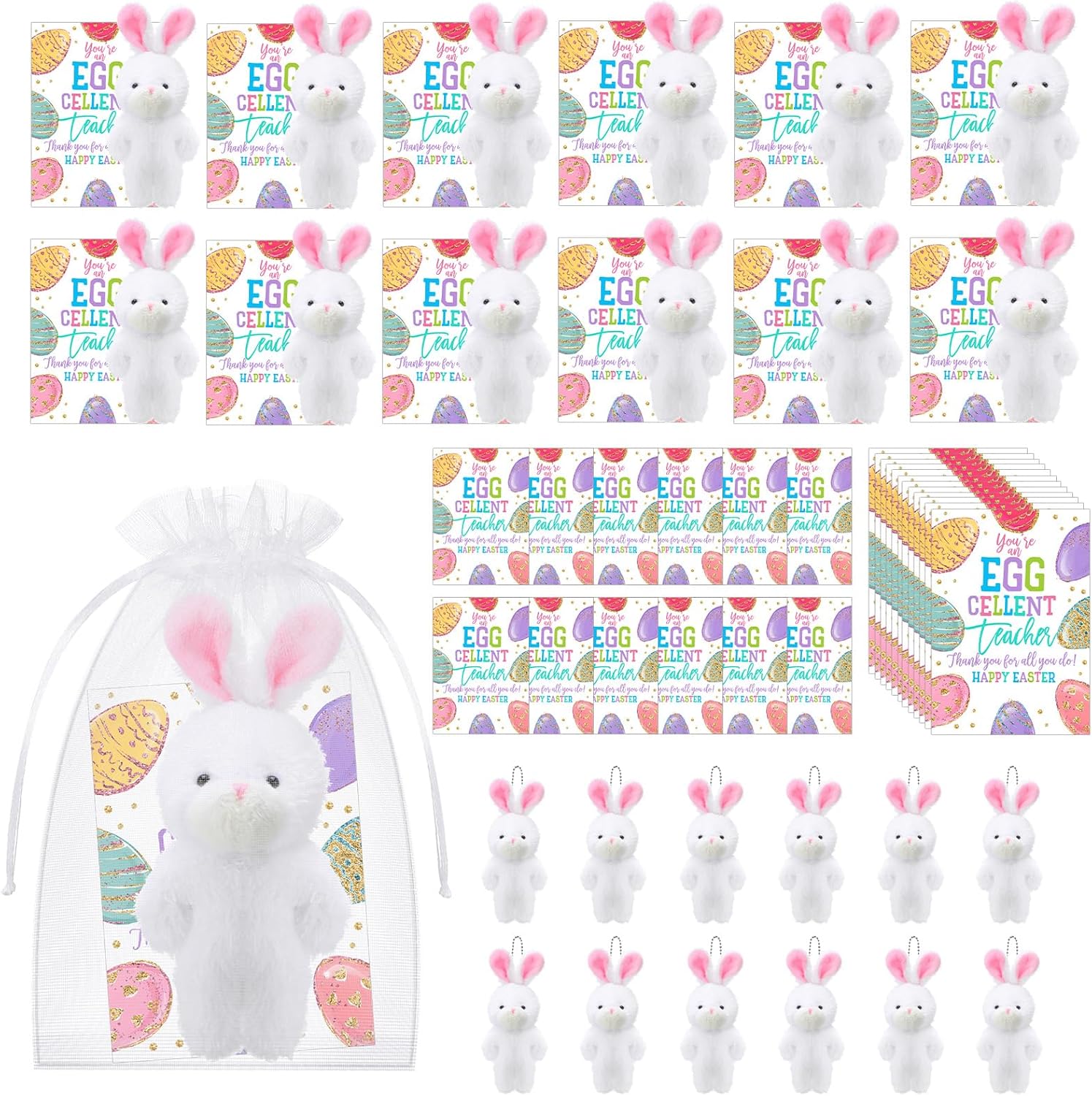 Cunno 24 Sets Easter Gifts Bunny Stuffed Animal Include 24 White Bunny Keychain Plush 24 You Are Egg Cellent Card 24 Organza Bags Easter Basket Stuffers Appreciation Gifts for Teacher Classroom