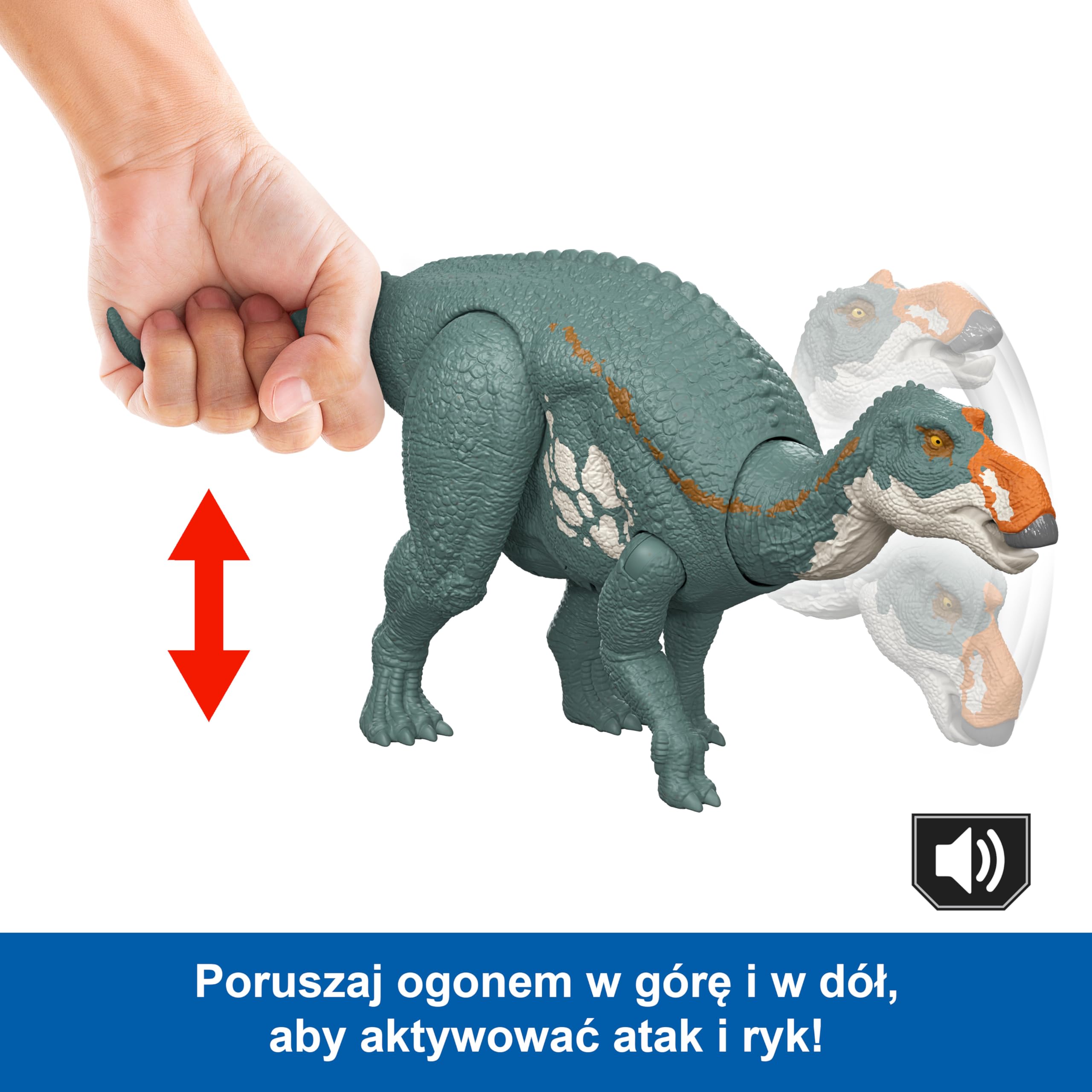 Mattel Jurassic World: Odrodzenie Majazaura Ryczący dinozaur Figurka z wielokierunkowym atakiem i dźwiękiem, do ustawiania w różnych pozach, zabawka dinozaur dla dzieci, zabawa wirtualna, JGC82
