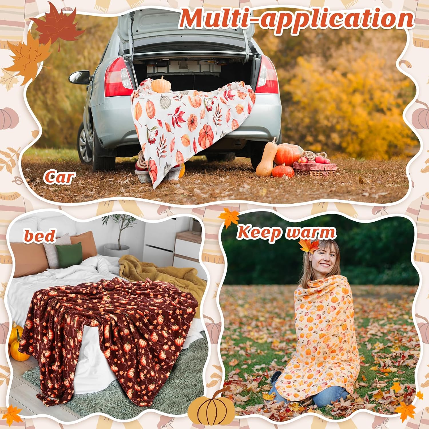 4 Pack Fall Blanket Bulk Pumpkin Throw Blanket Maple Leaf Autumn Harvest Flannel Blankets Warm Lightweight Soft Cozy Thanksgiving Fall Plush Blankets for Couch Sofa Bedroom 51"x59"