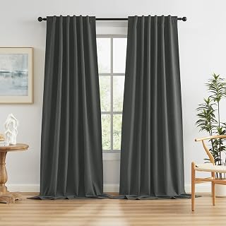 KEQIAOSUOCAI Full Blackout Linen Curtain Panels 126 Inches Long, Gray Hallway Door Textured Boho Tall Curtains & Drapes 2 Panels Burg for High Ceiling Living Room, 50" W x 126" L,Charcoal Grey