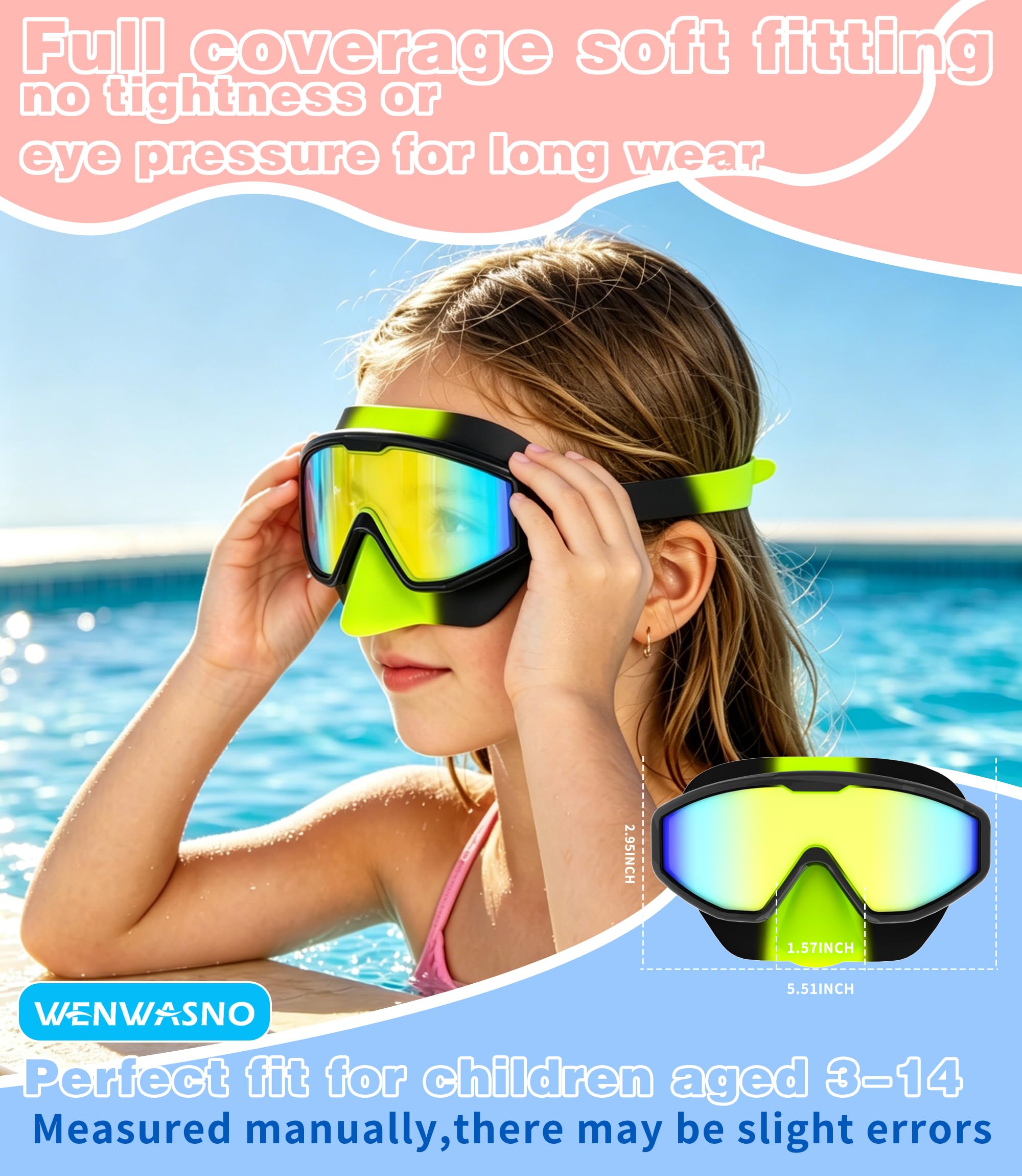 Occhialini da Nuoto per Bambini 2 Pezzi con Protezione Naso, Vista Larga Maschera Immersione Anti-Nebbia Anti-Nebbia UV Senza Perdita Piscina