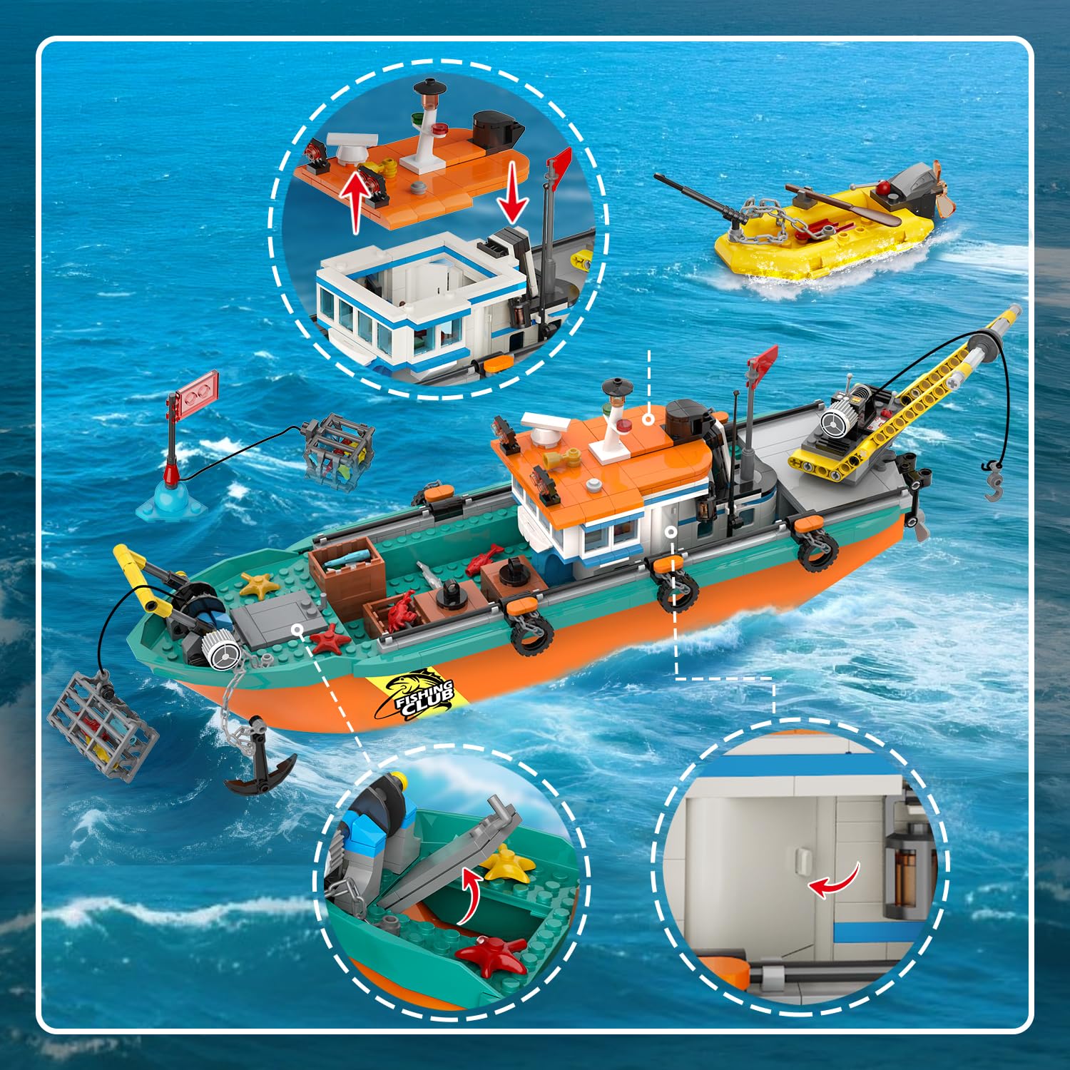 HiWEEGO Città barca da pesca cantiere navale – kit costruzione galleggiante oceano gru container, giocattolo regalo compleanno 6 7 8+