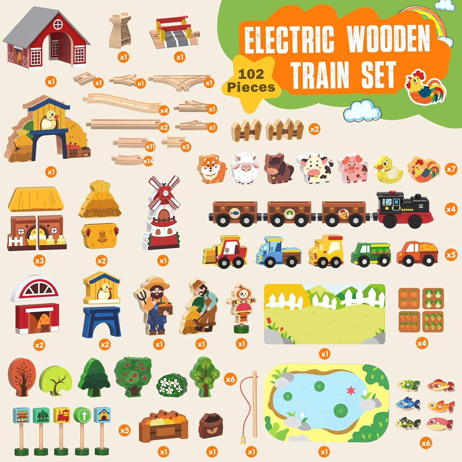 Electric Wooden Train Set, Farm 102-Piece Deluxe Toy with Tunnel for Kids image 2
