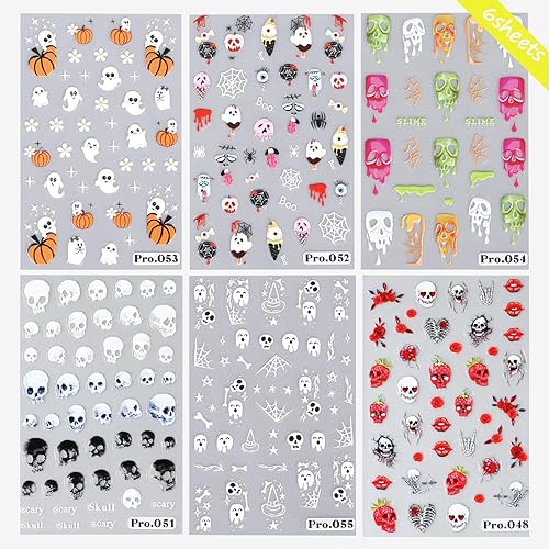 Miniatura 4 de Calcomanías de uñas de Halloween, fantasma, calabaza, 6 unidades, calabaza, calabaza, rosa, calavera, araña, diseños de telaraña, calcomanías
