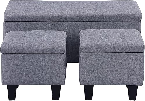 Miniatura 5 de Juego de 3 bancos otomanos de almacenamiento de 38.58 pulgadas, banco de almacenamiento de tela tapizada con bisagra de seguridad para sala de
