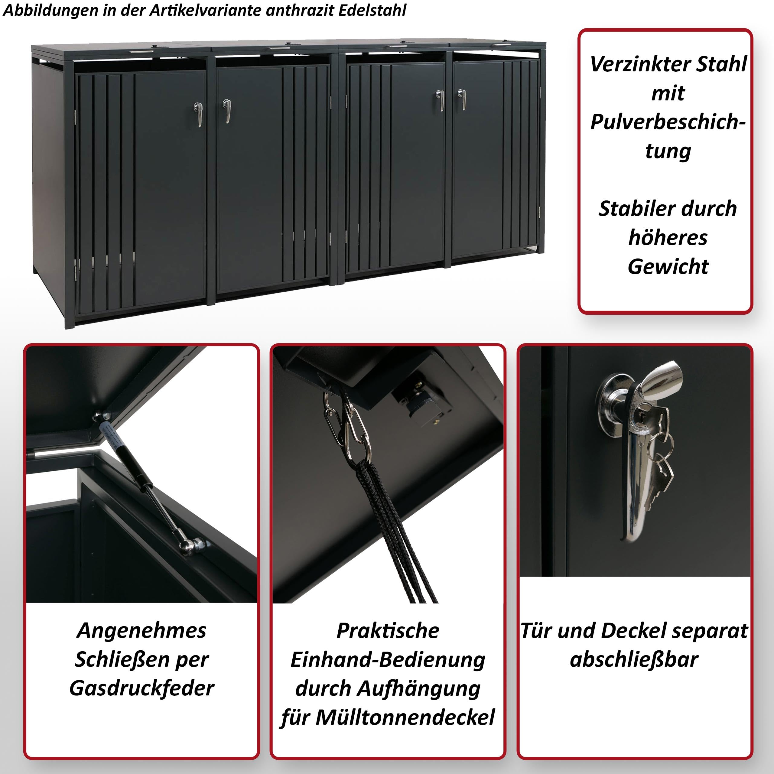 Mendler 4er-Mülltonnenverkleidung HWC-O67 - anthrazit Edelstahl | Mülltonnenbox, mit Deckel, Metall, 122x264x84cm, 104kg
