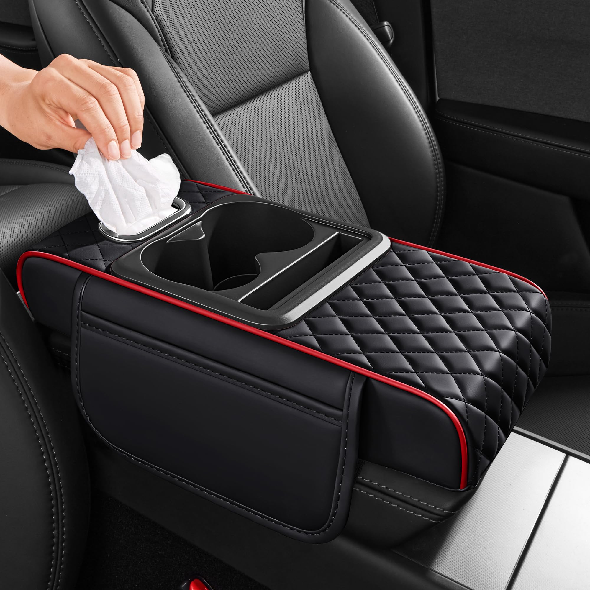 5 in 1 Nappa Leather Console Armrest Cover, Black Red Stitch | Built-in cup holder, tissue slot, phone holder & 2 storage pockets, practical car accessories fit SUV sedan truck-image-3
