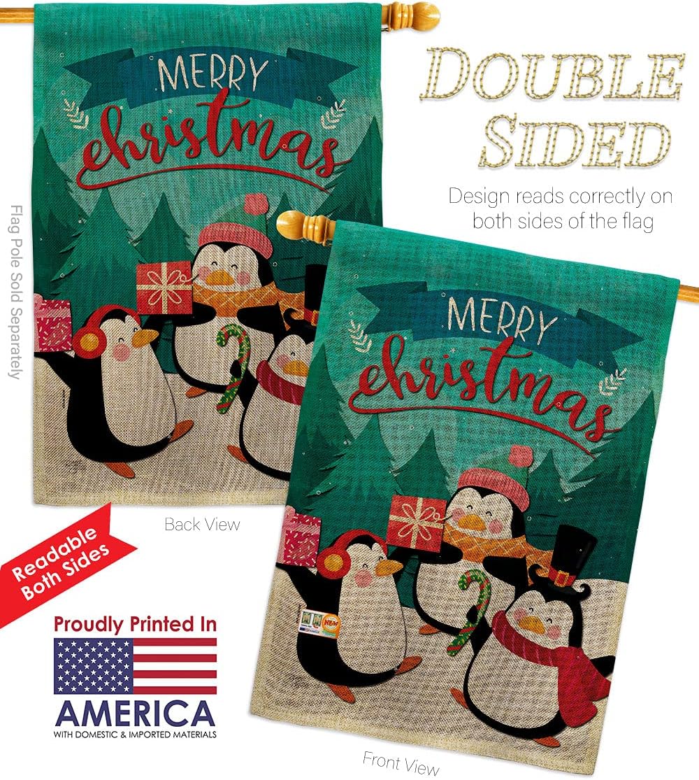 Penguins Christmas Burlap House Flag Set Wintertime Santa Marry Xmas Present Reindeer Season Snow Small Decorative Gift Yard Banner Double-Sided Made In USA 28 X 40