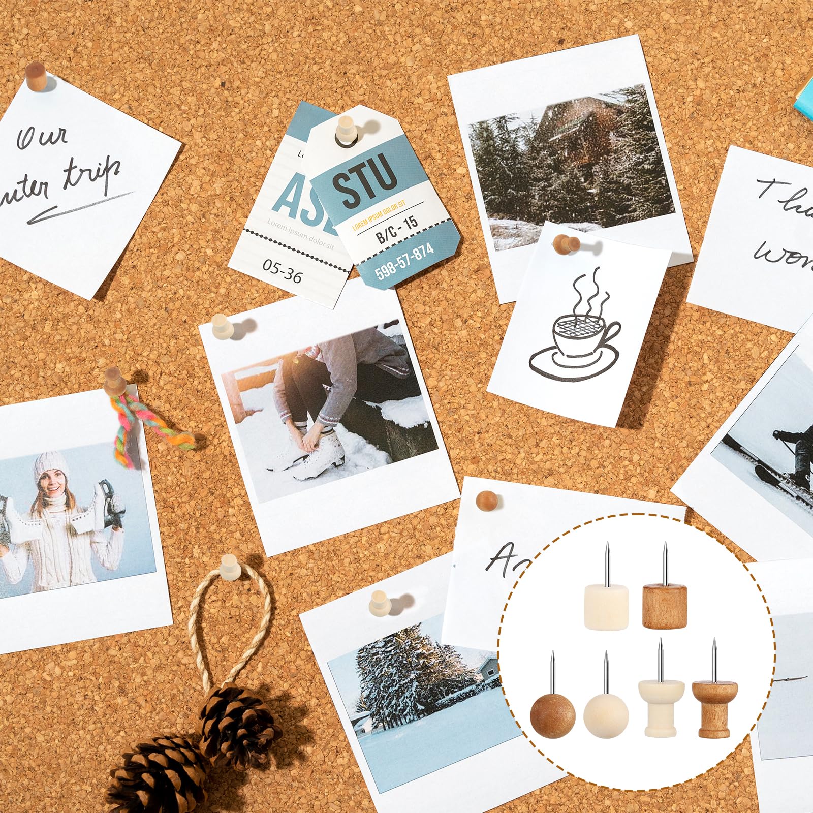 150 sztuk drewnianych szpilek, 2 cm pinezki pinboard pins drewniane pinezki pins z pudełkiem do przechowywania do tablicy korkowej biuro szkoła dom mapa świata zdjęcia artykuły biurowe