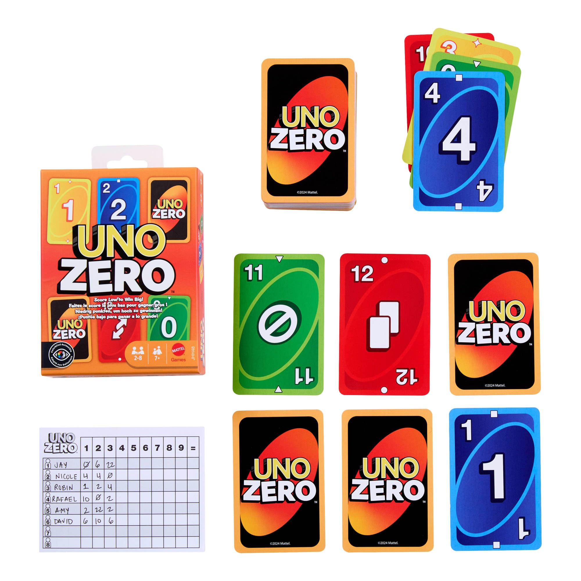 Mattel UNO Zero Gra karciana na wieczór gier dla dzieci, dorosłych i rodzin; karty do gry, talia i notes do obliczania wyników, od 2 do 8 graczy od 7 roku życia, JLK16
