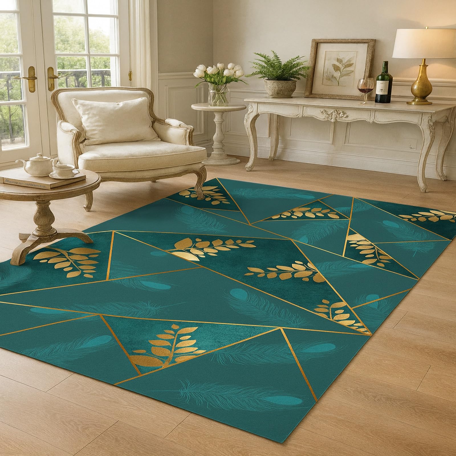 Tapis de chambre et salon Rururug vert géométrique, créez un espace doux et moderne de 160x230cm