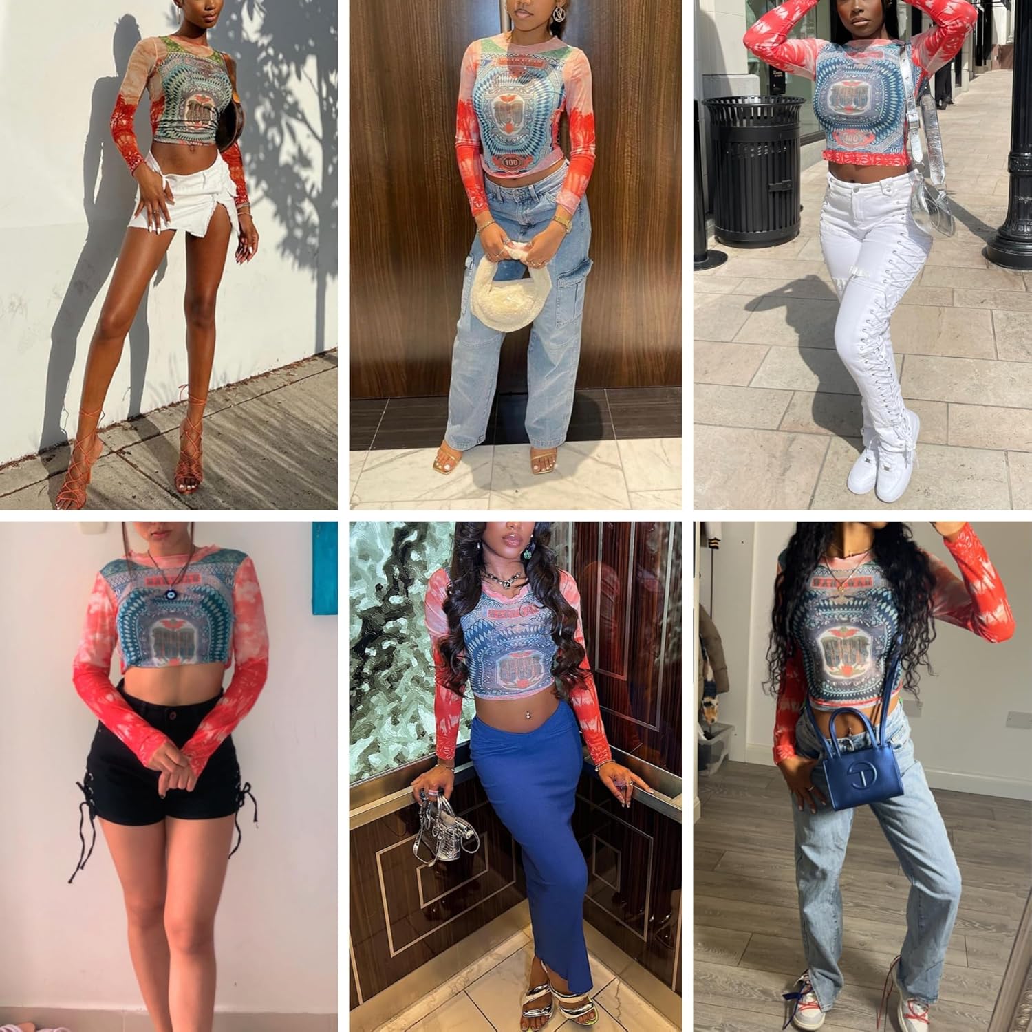 Women's Sexy Mesh See Through T Shirt Fashion Money Print Long Sleeve Crop Top Slim Tee Tops - Image 5