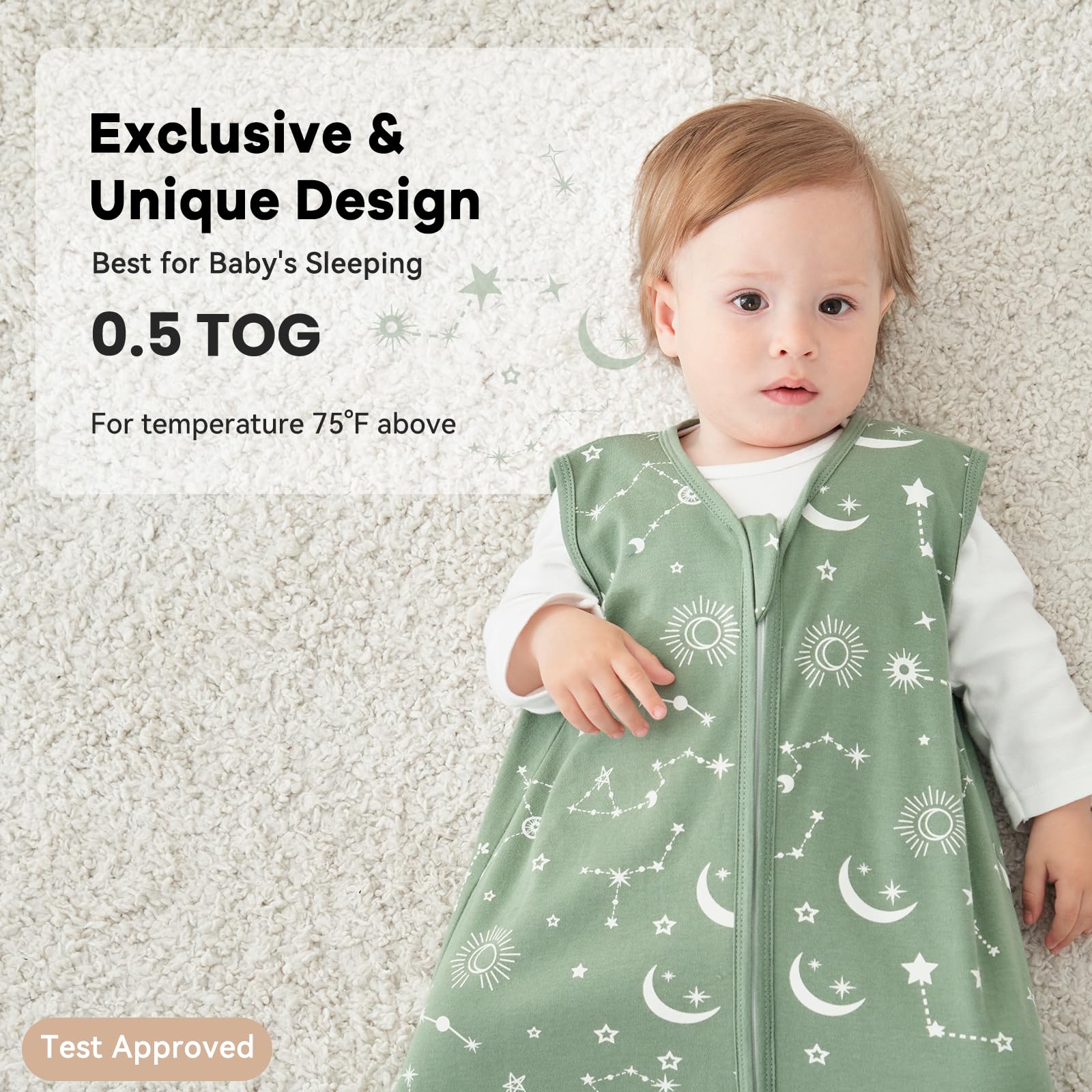Unnivoll Set di 3 Sacco Nanna per Bambini 100% Cotone Sacco a Pelo Estivo 0.5 TOG Sacco Nanna per Neonato Ragazze e Ragazzi 18-24 Mesi Costellazione grigio verde