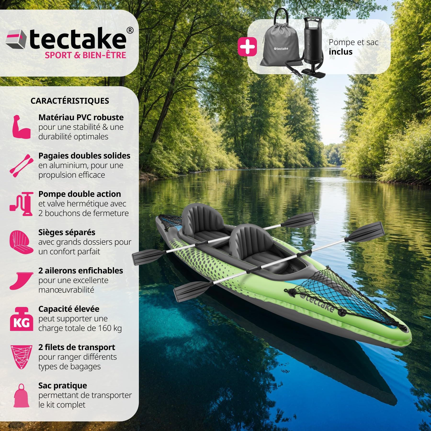 tectake® Canoë Kayak Gonflable en PVC Robuste avec Pagaie Double Solide, Filets de Transport & Sac de Transport, Kayak de mer Gonflable - Plusieurs Options 1 ou 2 Places