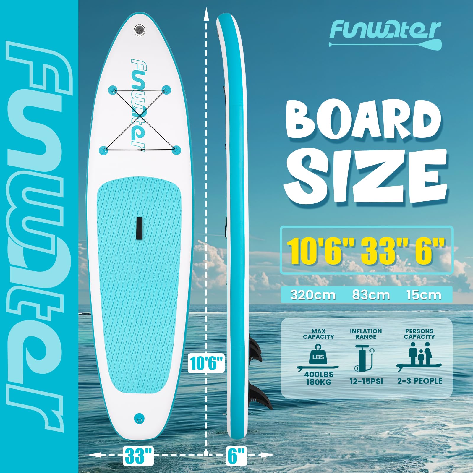 FunWater Tabla de remo inflable para adultos con pala, mochila, 3 aletas, bomba y correa adecuada para principiantes.