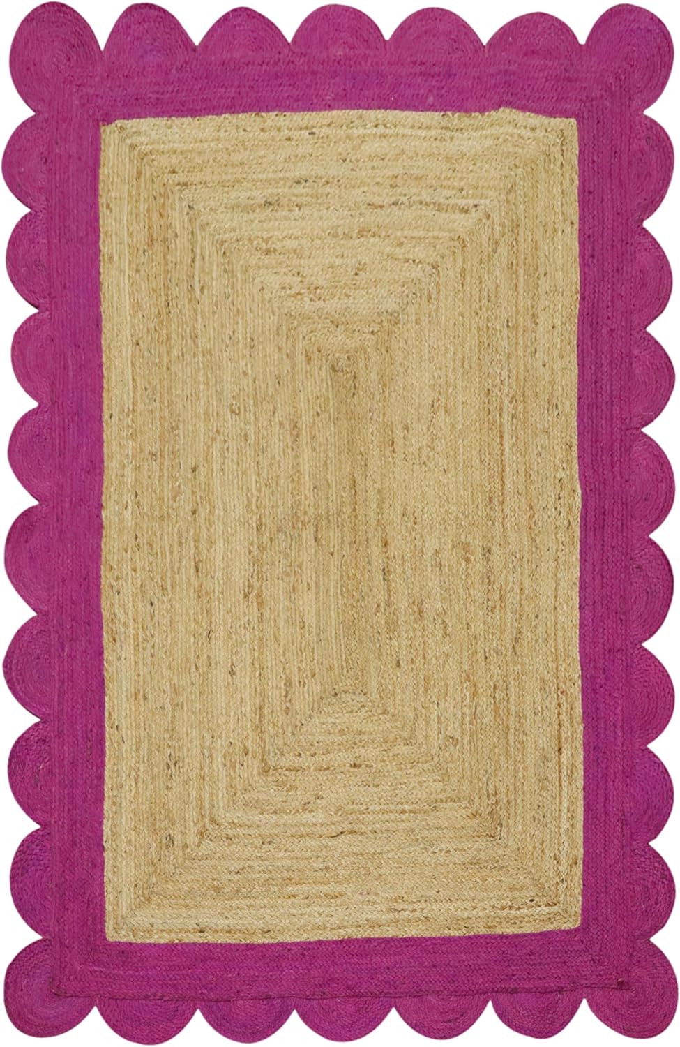 Braided Scalloped Runner Rug, Natural Jute Fiber Area Rug, 6x12 Ft Beige & Pink Woven Flatweave Kilim Rug for Indoor, Outdoor, Living Room, Kitchen, Entryway, Farmhouse